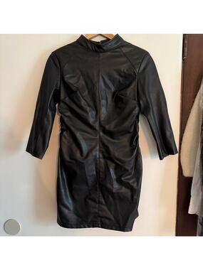 ZARA | Black Faux Leather High Neck Open Back Mini Dress | Large